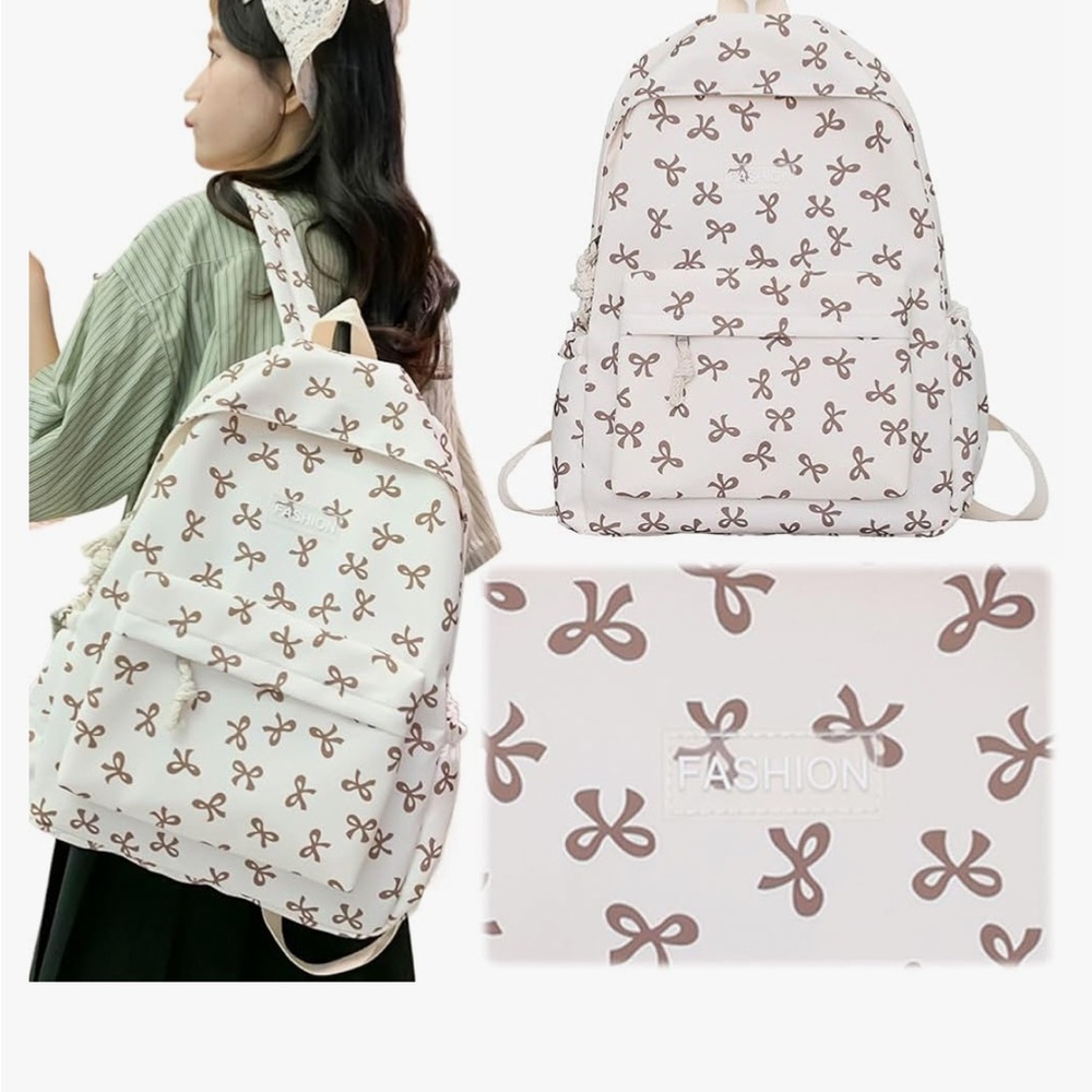 NWT Cream and Brown Bow Pattern Backpack